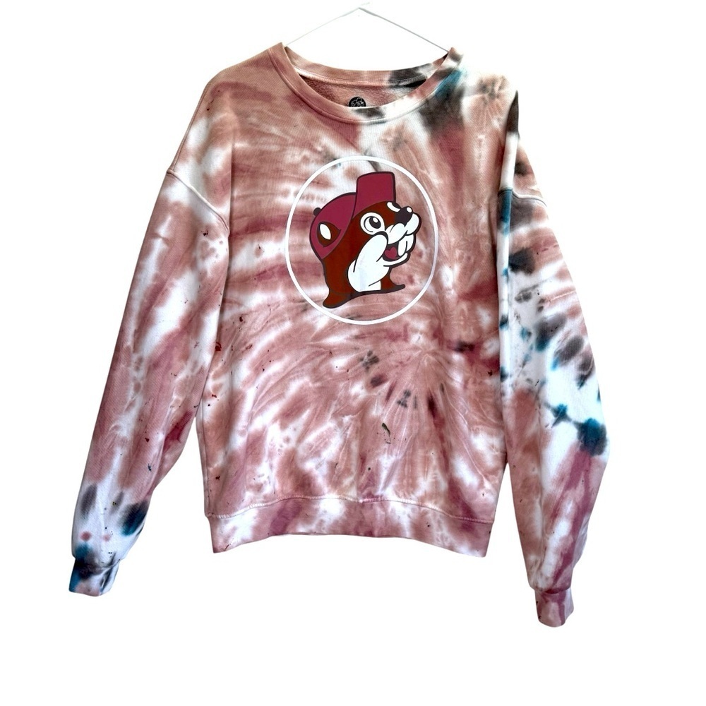 Buc-ees Pink and Blue Tie-Dye Sweatshirt with Cartoon Beaver Logo. Size S/M